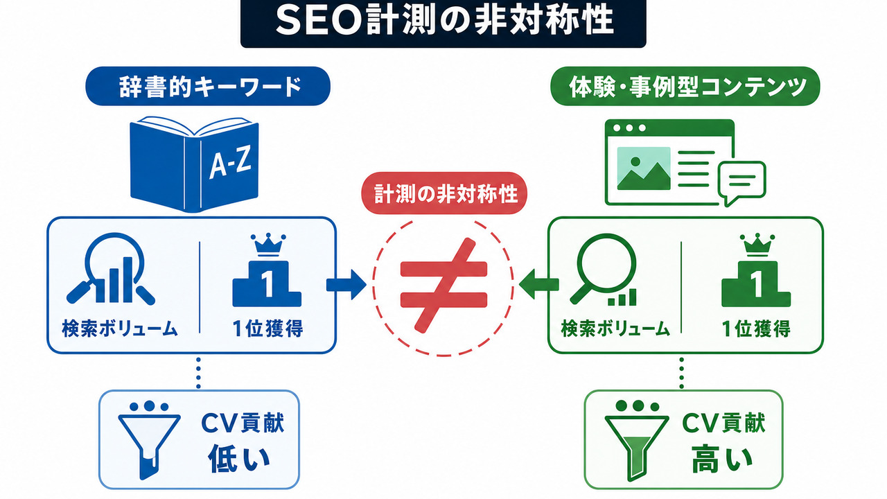 従来のSEO流入計測の限界:辞書KWと体験コンテンツの非対称性